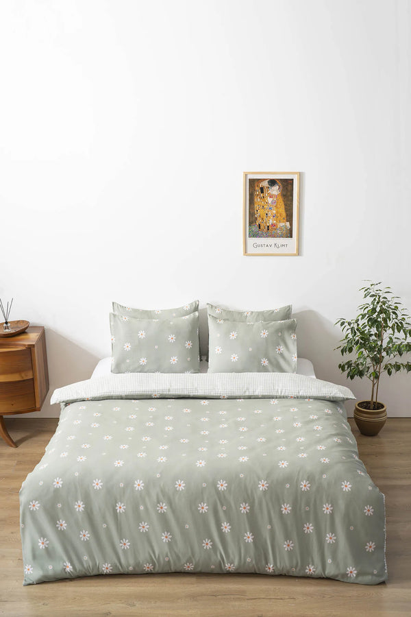 Minimal Green Daisy Outlet Double Duvet Cover Set – Cotton