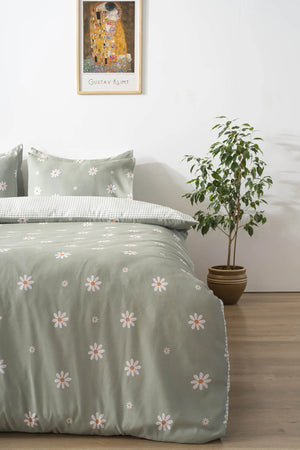 Minimal Green Daisy Outlet Double Duvet Cover Set – Cotton