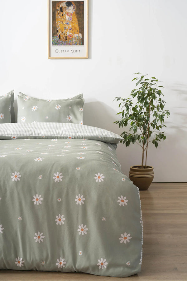 Minimal Green Daisy Outlet Double Duvet Cover Set – Cotton