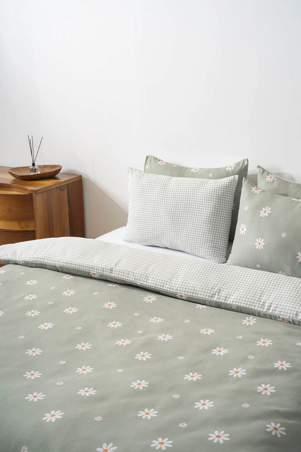 Minimal Green Daisy Outlet Double Duvet Cover Set – Cotton