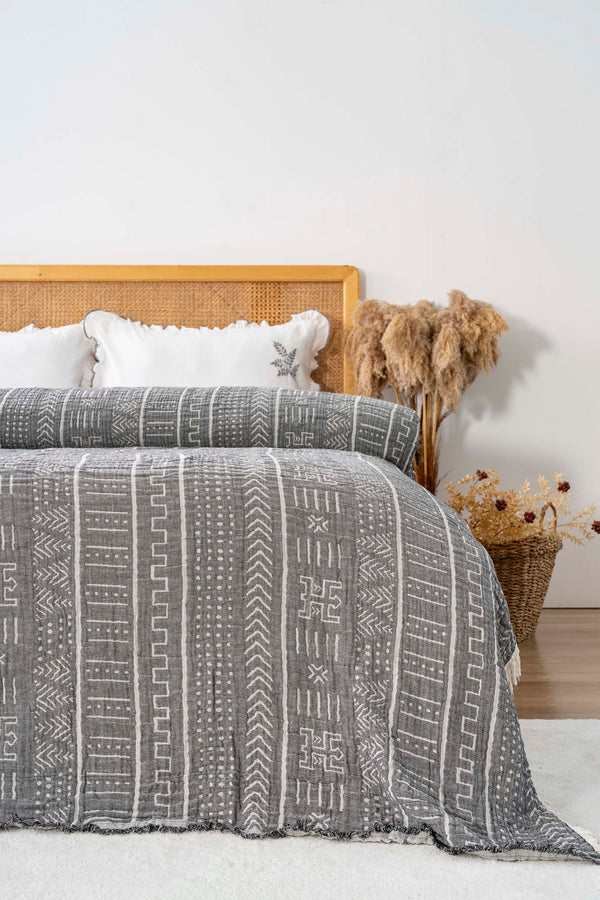 Etno Antrasit Double Size 100% Cotton Muslin Bedspread & Quilt