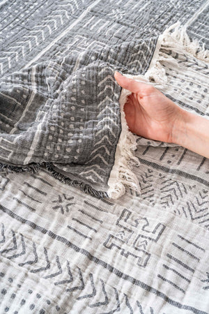 Etno Antrasit Double Size 100% Cotton Muslin Bedspread & Quilt
