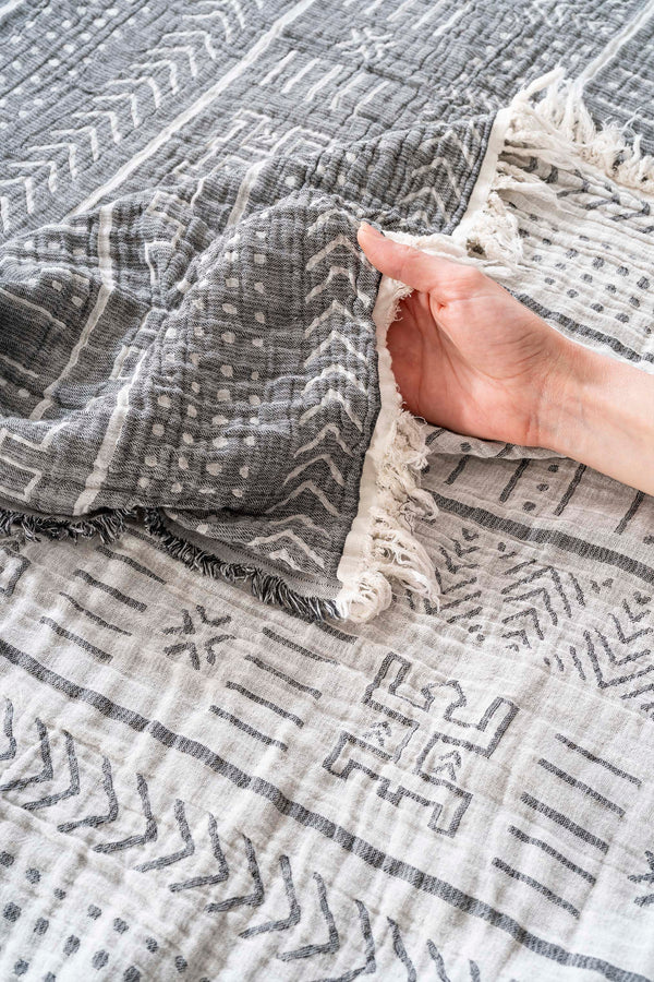 Etno Antrasit Double Size 100% Cotton Muslin Bedspread & Quilt