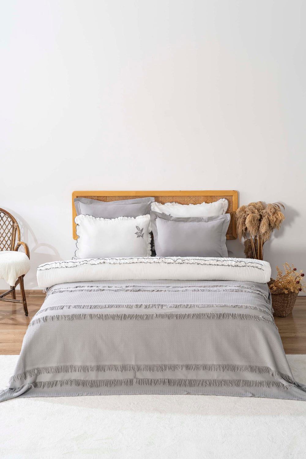 Brianna Grey Double Duvet Cover & Bedspread Set – 7-Piece Bridal Set | 100% Cotton