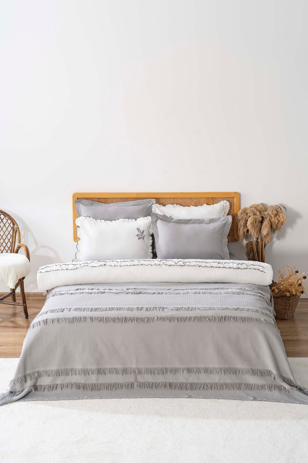 Brianna Grey Double Duvet Cover & Bedspread Set – 7-Piece Bridal Set | 100% Cotton