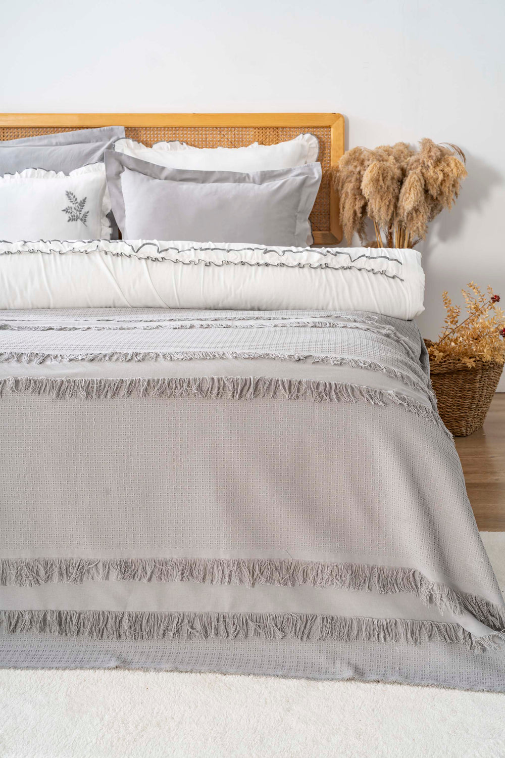 Brianna Grey Embroidered 7-Piece Bridal/Quilt Set – 100% Cotton Duvet Cover, Bedspread & Sheet Set, King Size