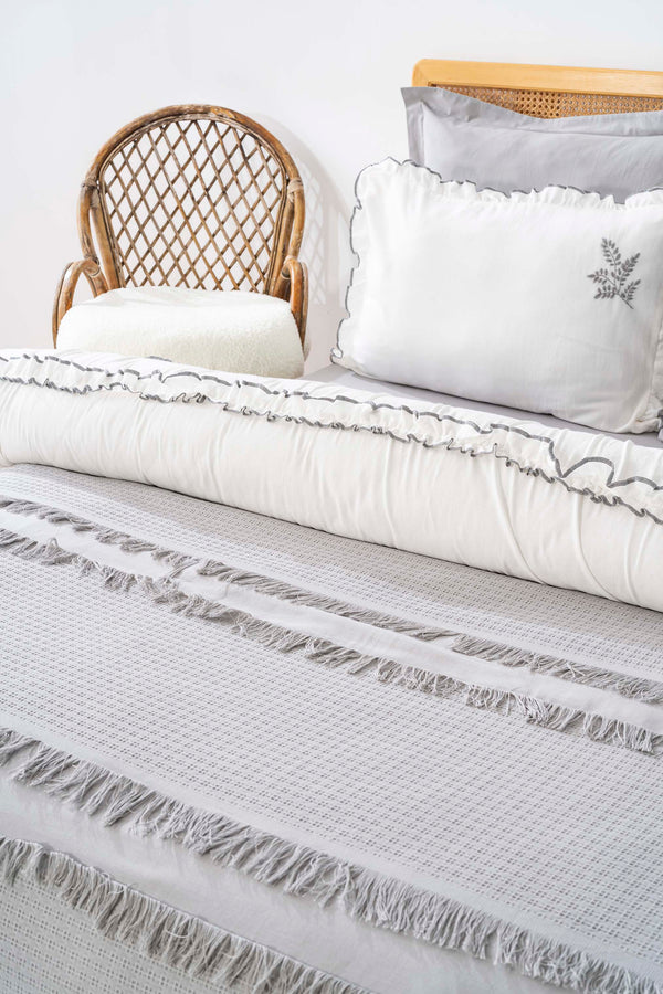 Brianna Grey Double Duvet Cover & Bedspread Set – 7-Piece Bridal Set | 100% Cotton