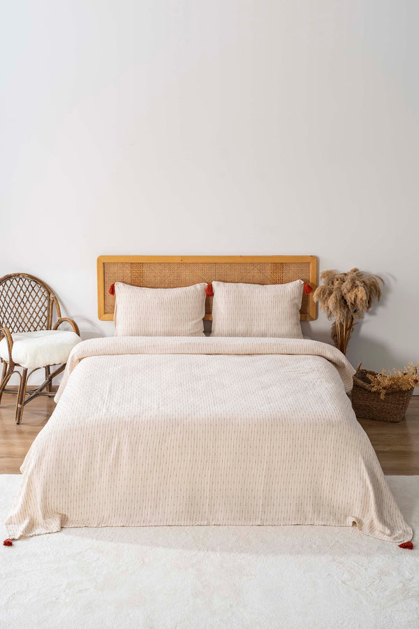 Hermes Kiremit Double Bedspread Set with Tassels - 3 Piece Sleep & Bridal Set - 100% Cotton