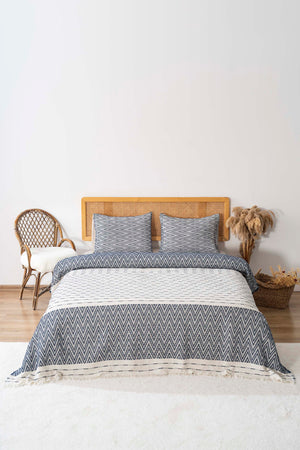 Milena Navy Blue Double Bedspread Set – 3-Piece Sleep & Dowry Set – 100% Cotton