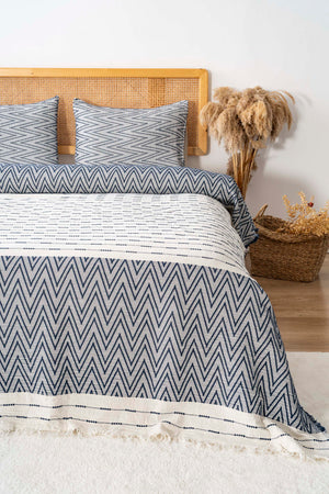 Milena Navy Blue Double Bedspread Set – 3-Piece Sleep & Dowry Set – 100% Cotton