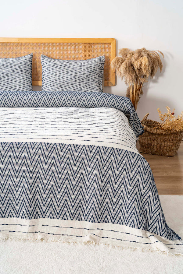 Milena Navy Blue Double Bedspread Set – 3-Piece Sleep & Dowry Set – 100% Cotton