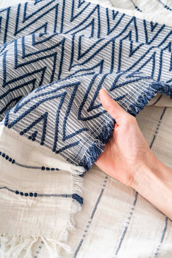 Milena Navy Blue Double Bedspread Set – 3-Piece Sleep & Dowry Set – 100% Cotton