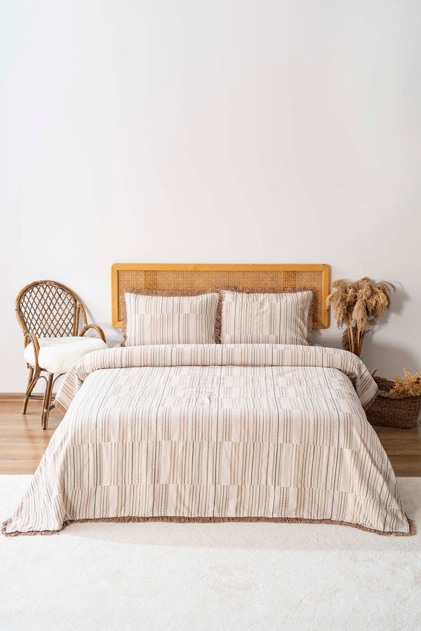 Lia Beige Double Bed Tasselled Bedspread Set 3 Pieces Sleep & Dowry Set