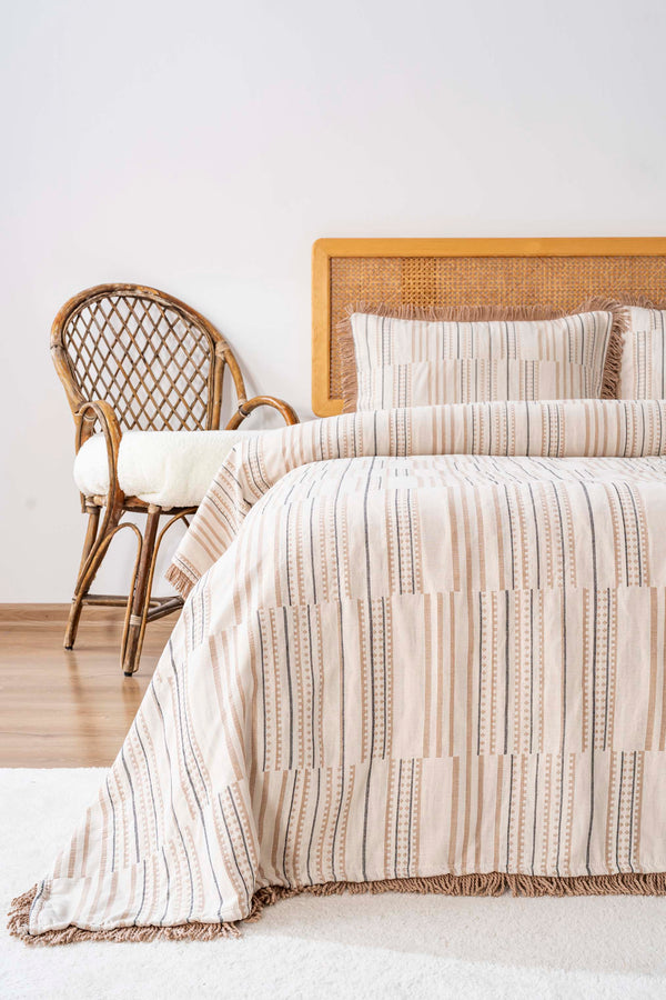 Lia Beige Double Bed Tasselled Bedspread Set 3 Pieces Sleep & Dowry Set