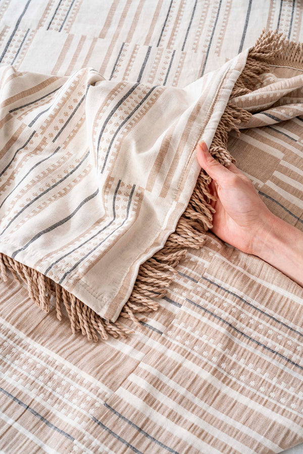 Lia Beige Double Bed Tasselled Bedspread Set 3 Pieces Sleep & Dowry Set