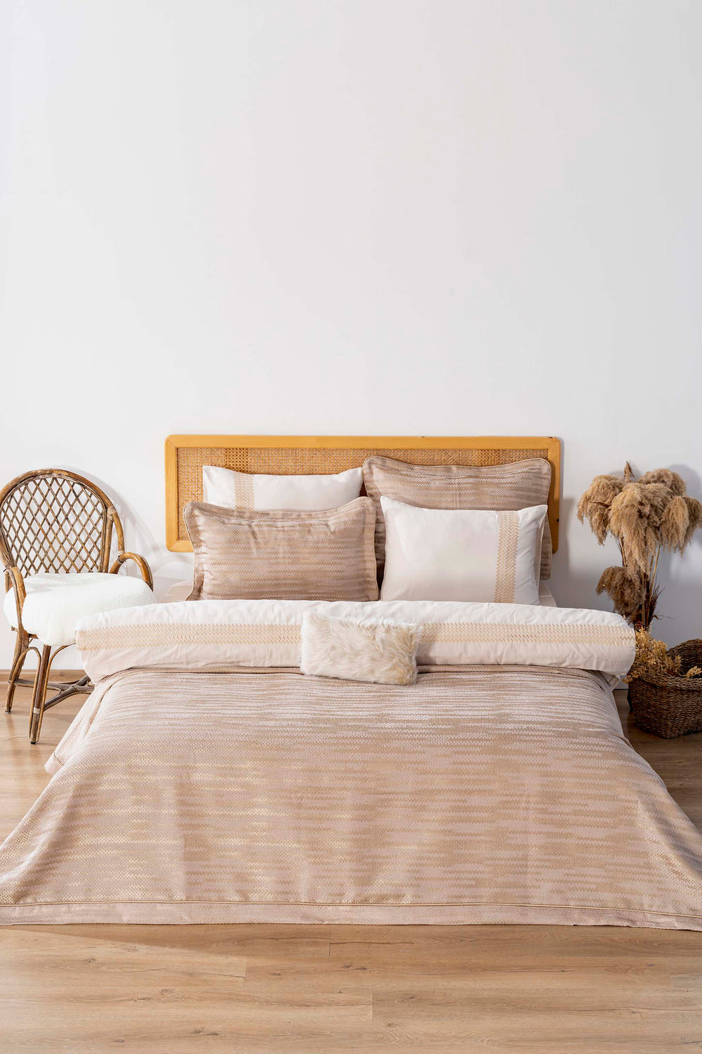 Alina Cappuccino Embroidered Double Bed Duvet Cover Set with Quilt - 8 Piece Bridal Set