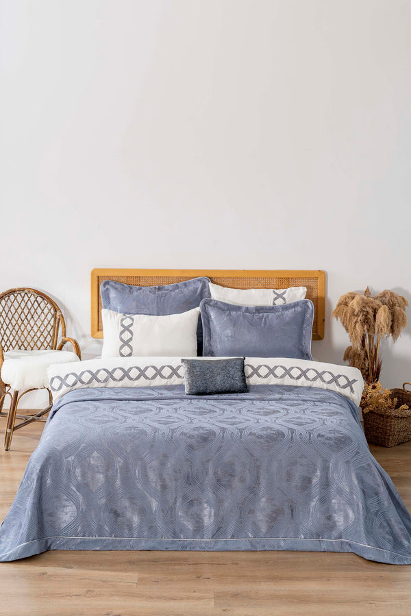 Asia Blue Embroidered Double Bed Duvet Cover Set - 8 Piece Dowry Set