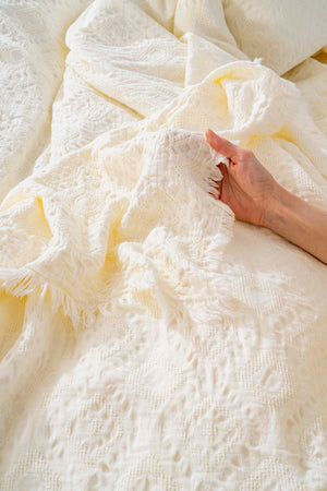 Amber Ecru Embroidered Double Duvet Cover & Bedspread Set – 7-Piece Bridal Set – 100% Cotton