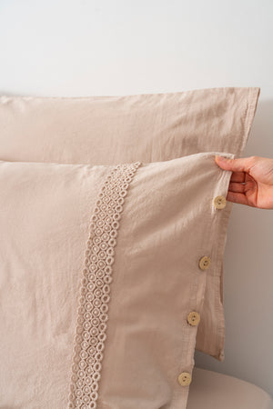 Grace Mink Guipure Lace 6-Piece Bridal Duvet Set – 100% Washed Organic Cotton, Embroidered, Queen Size