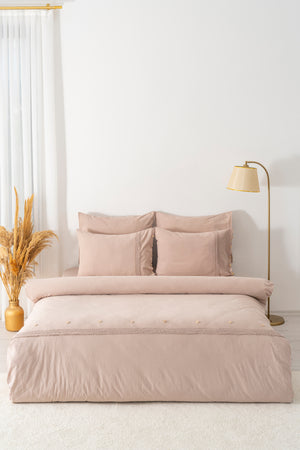 Grace Cappuccino Guipure Lace 6-Piece Bridal Duvet Set – 100% Washed Organic Cotton, Embroidered, Queen Size