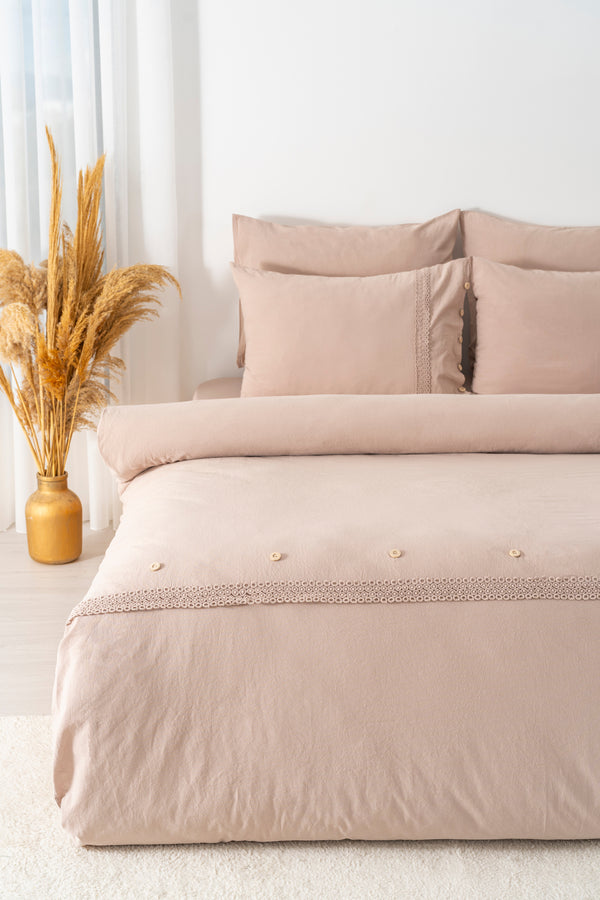 Grace Cappuccino Guipure Lace 6-Piece Bridal Duvet Set – 100% Washed Organic Cotton, Embroidered, Queen Size