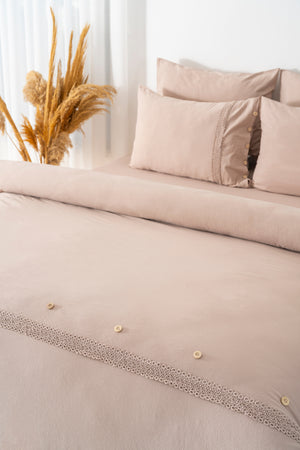 Grace Cappuccino Guipure Lace 6-Piece Bridal Duvet Set – 100% Washed Organic Cotton, Embroidered, Queen Size