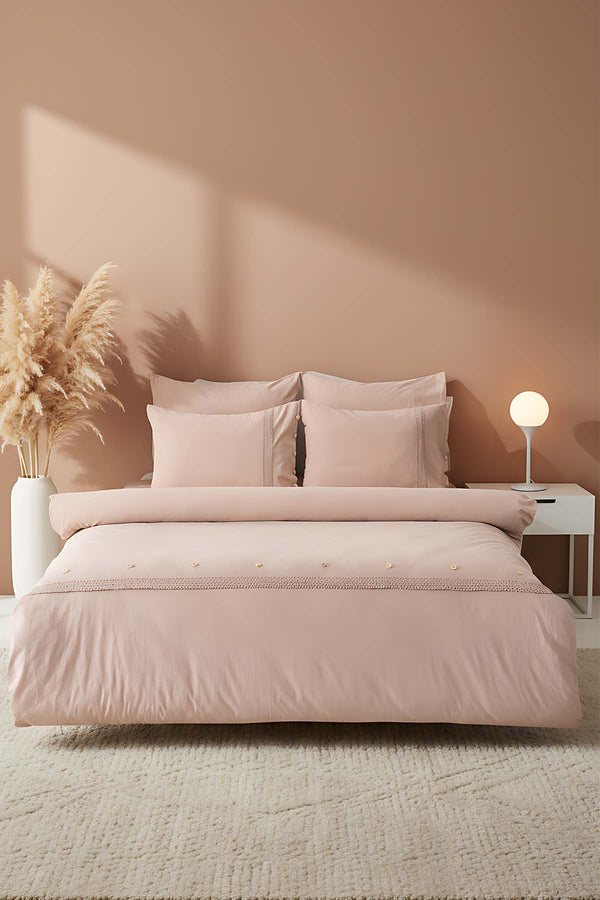 Grace Cappuccino Guipure Lace 6-Piece Bridal Duvet Set – 100% Washed Organic Cotton, Embroidered, Queen Size