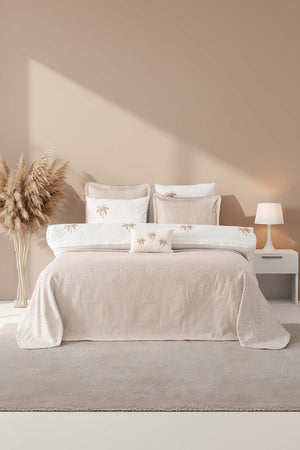 Palmiye Mink Embroidered 8-Piece Bridal/Quilt Set – Polycotton Duvet Cover, Bedspread & Sheet Set, Queen/King Size