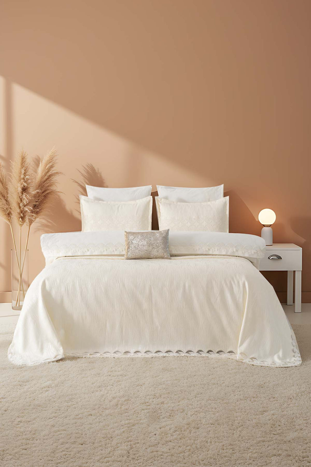 Ilay Ecru Embroidered 8-Piece Bridal/Quilt Set – Polycotton Duvet Cover, Bedspread & Sheet Set, Queen/King Size