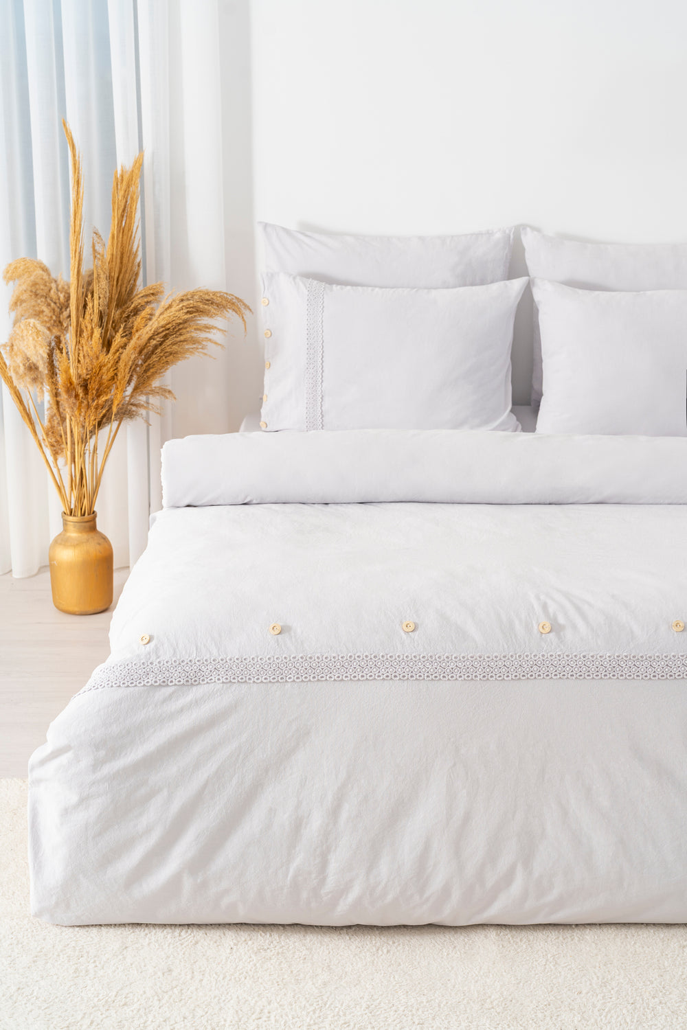 Grace Stone Guipure Lace 6-Piece Bridal Duvet Set – 100% Washed Organic Cotton, Embroidered, Queen Size