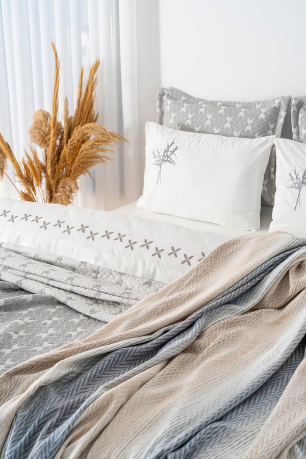 Mode Gray Embroidered 8-Piece Bridal/Quilt Set – Polycotton Duvet Cover, Bedspread & Sheet Set, Queen/King Size