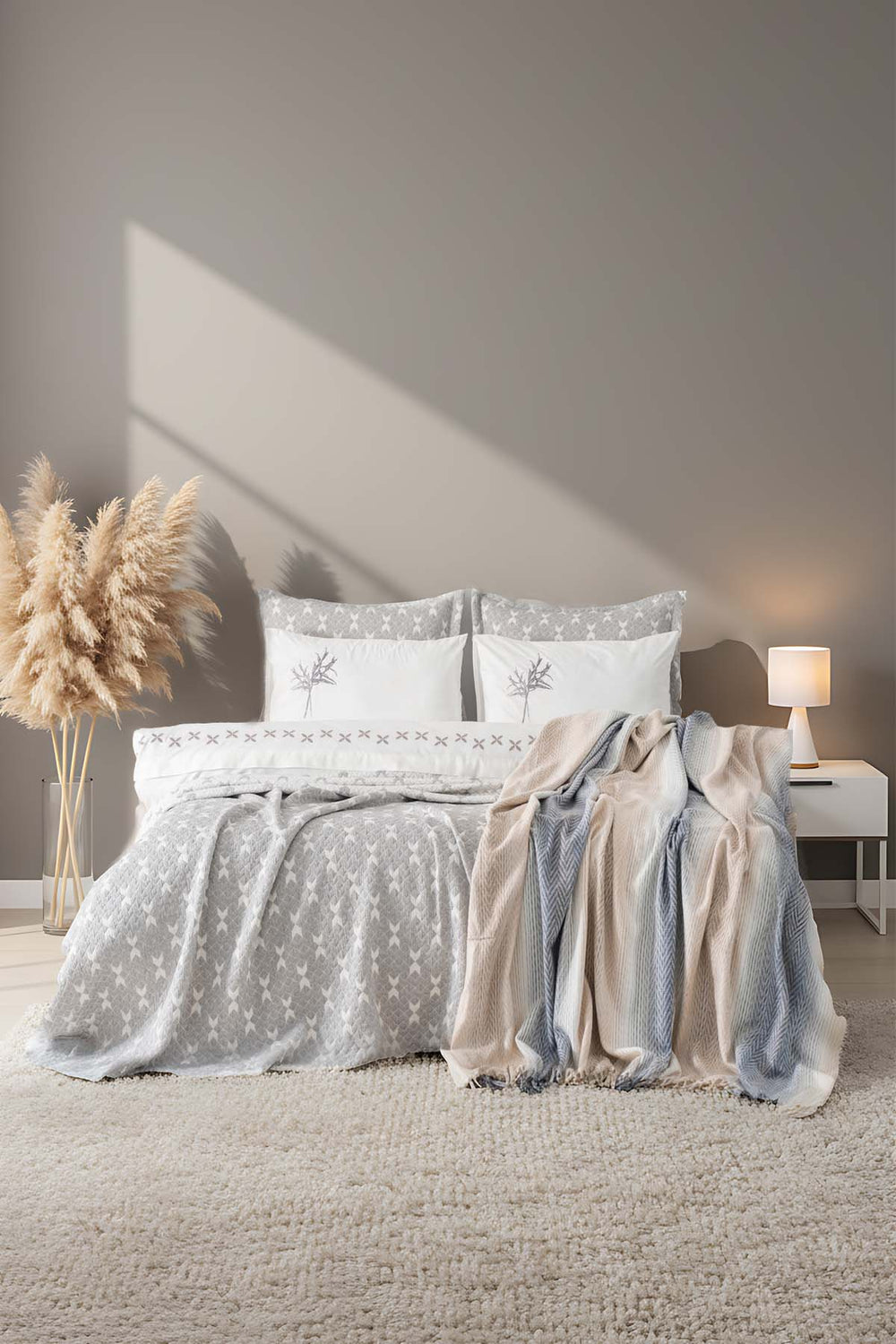 Mode Gray Embroidered 8-Piece Bridal/Quilt Set – Polycotton Duvet Cover, Bedspread & Sheet Set, Queen/King Size