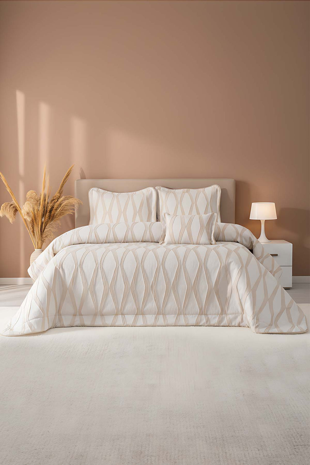 Carina Cappuccino Embroidered 4-Piece Bridal Quilt Set – Polycotton Bedspread, Sheet & Shams, Queen Size