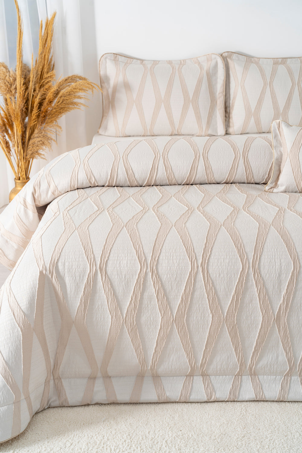 Carina Cappuccino Embroidered 4-Piece Bridal Quilt Set – Polycotton Bedspread, Sheet & Shams, Queen Size