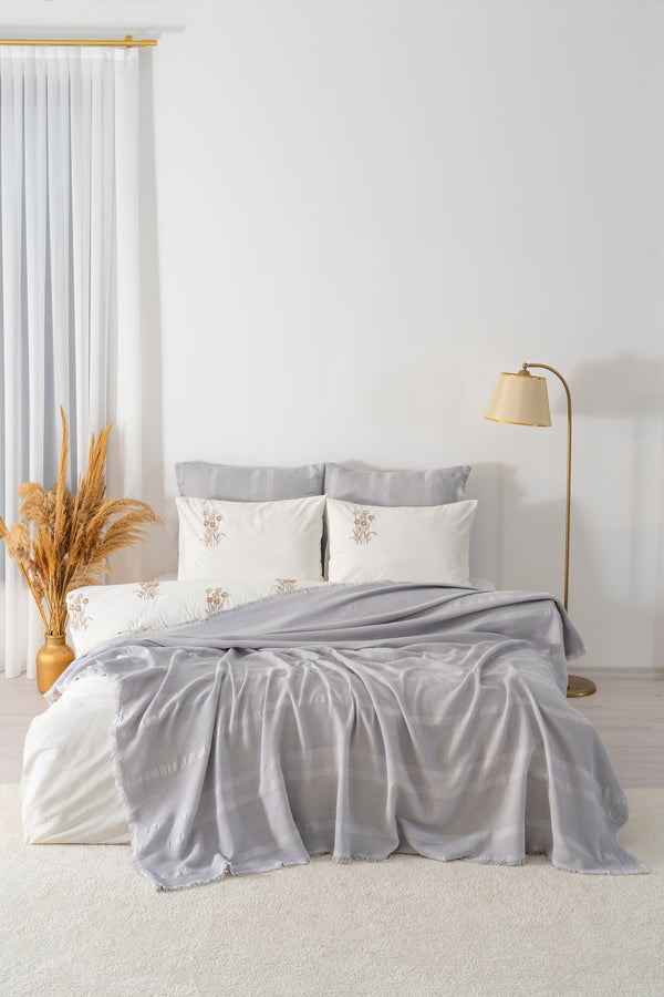 Amara Stone Embroidered 7-Piece Bridal/Quilt Set – 100% Cotton Duvet Cover, Bedspread & Sheet Set, King Size