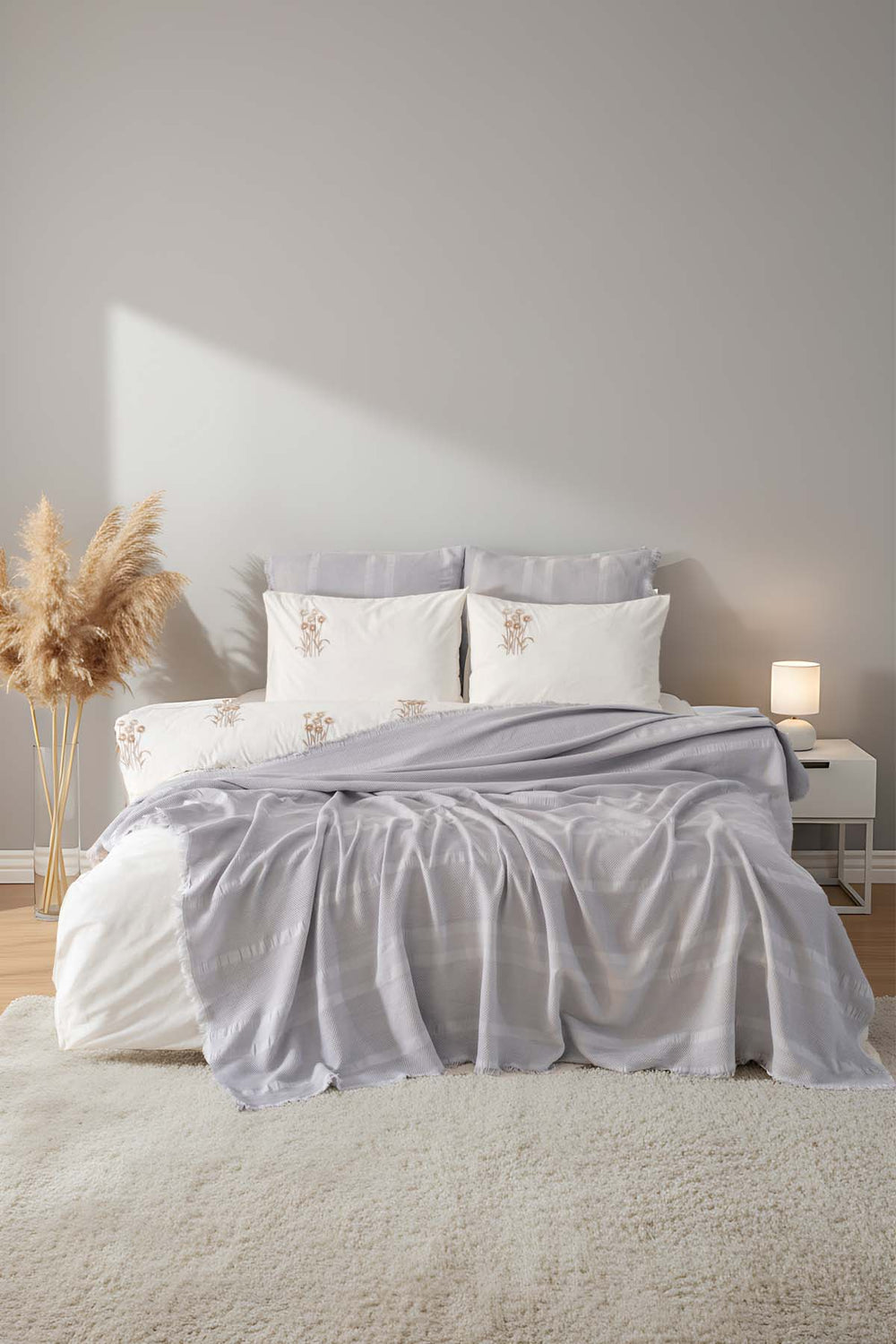 Amara Stone Embroidered 7-Piece Bridal/Quilt Set – 100% Cotton Duvet Cover, Bedspread & Sheet Set, King Size