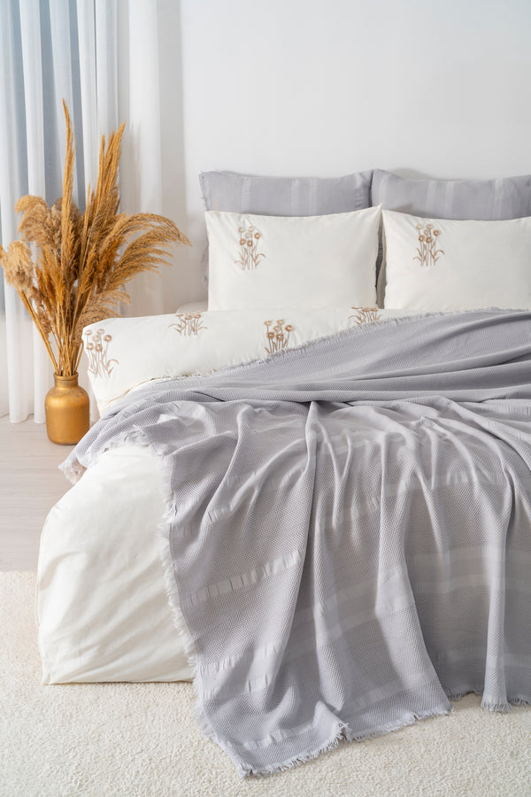 Amara Stone Embroidered 7-Piece Bridal/Quilt Set – 100% Cotton Duvet Cover, Bedspread & Sheet Set, King Size