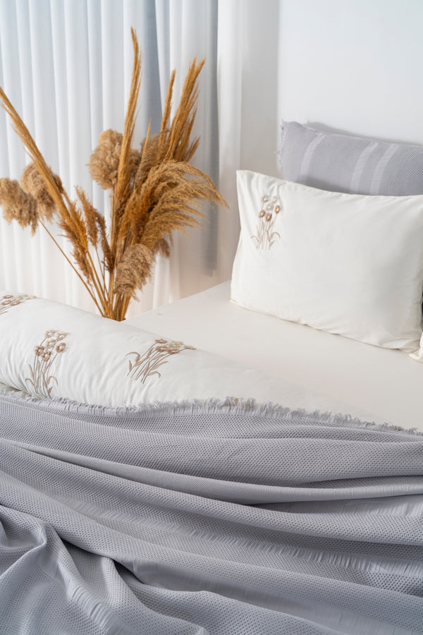 Amara Stone Embroidered 7-Piece Bridal/Quilt Set – 100% Cotton Duvet Cover, Bedspread & Sheet Set, King Size