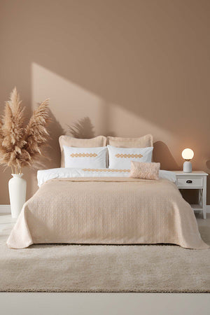 Parla Cappuccino Embroidered 8-Piece Bridal/Quilt Set – Polycotton Duvet Cover, Bedspread & Sheet Set, Queen/King Size