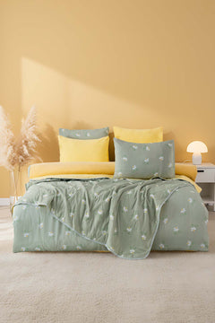 Green Daisy Double 7-Piece Bridal/Quilt Set – Polycotton Duvet Cover, Bedspread & Sheet Set, King/Cal-King Size