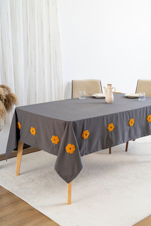Florita Anthracite Embroidered Stain-Resistant Tablecloth(160x220 cm)