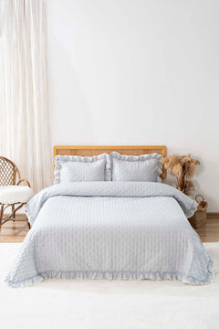 Hola Grey 3-Piece Bedspread Set – Multi-Use Coverlet, 100% Polyester, Ruffled Shams, King Size, 240x260 cm