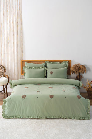 Florita Green Double Embroidered Duvet Cover Set & Dowry Set 100% Cotton