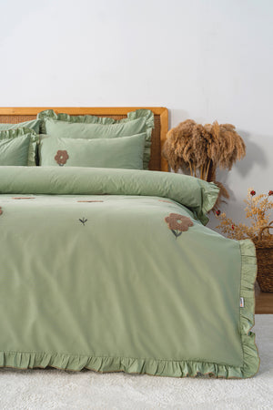 Florita Green Double Embroidered Duvet Cover Set & Dowry Set 100% Cotton