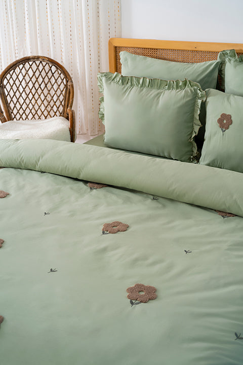 Florita Green Double Embroidered Duvet Cover Set & Dowry Set 100% Cotton