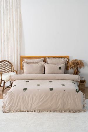 Florita Cappuccino Double Bed Embroidered Duvet Cover Set & Wedding Set 100% Cotton