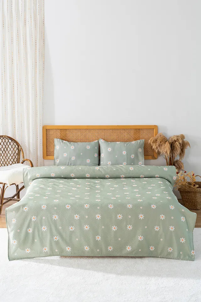 Minimal Green Daisy Outlet Double Printed Bedspread 200 x 220 cm