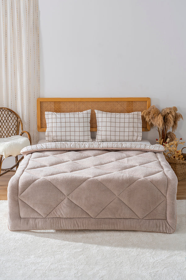 Beige Checkered Single-Sided Double Luxury Wellsoft Quilt Set 155x215 cm