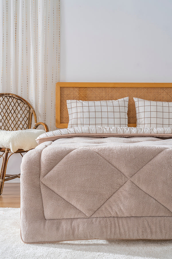 Beige Checkered Single-Sided Double Luxury Wellsoft Quilt Set 155x215 cm