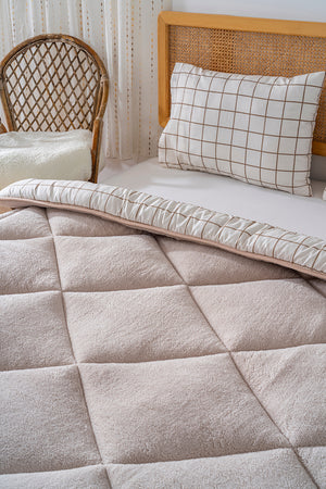 Beige Checkered Single-Sided Double Luxury Wellsoft Quilt Set 155x215 cm